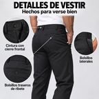 Detalles del pantalón: cintura con cierre frontal, bolsillos laterales y traseros de ribete