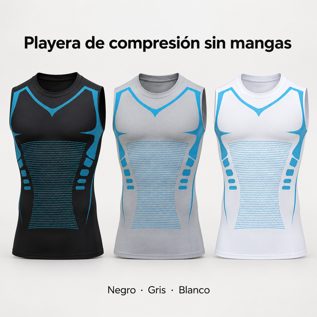 Playera de compresión sin mangas en negro, gris y blanco