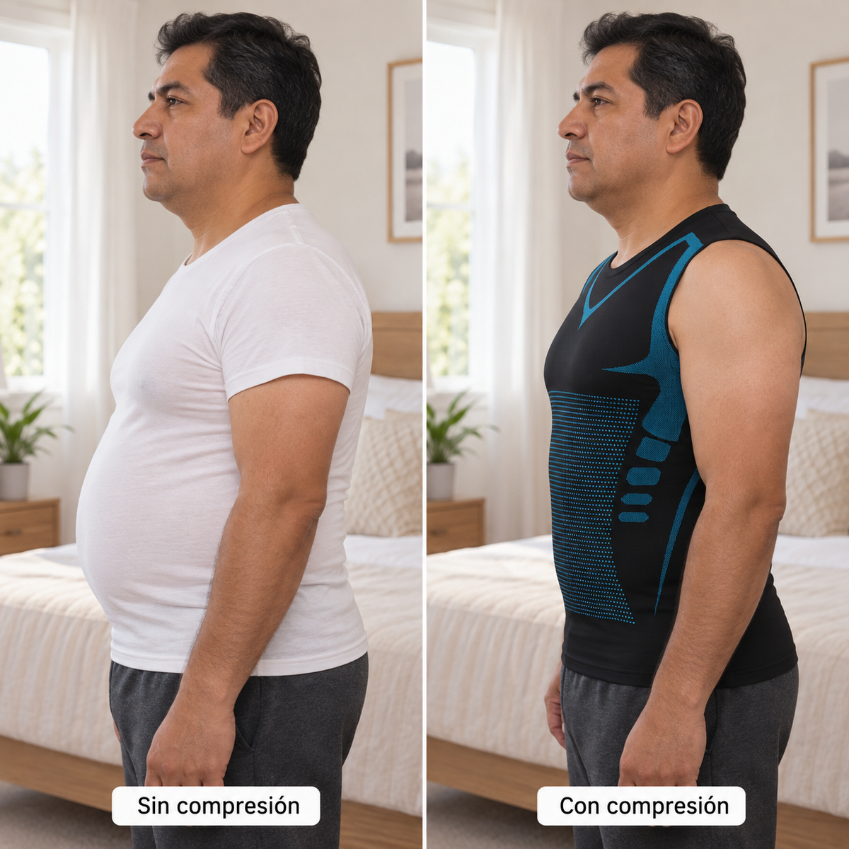 Mismo hombre sin compresión y con la playera de compresión