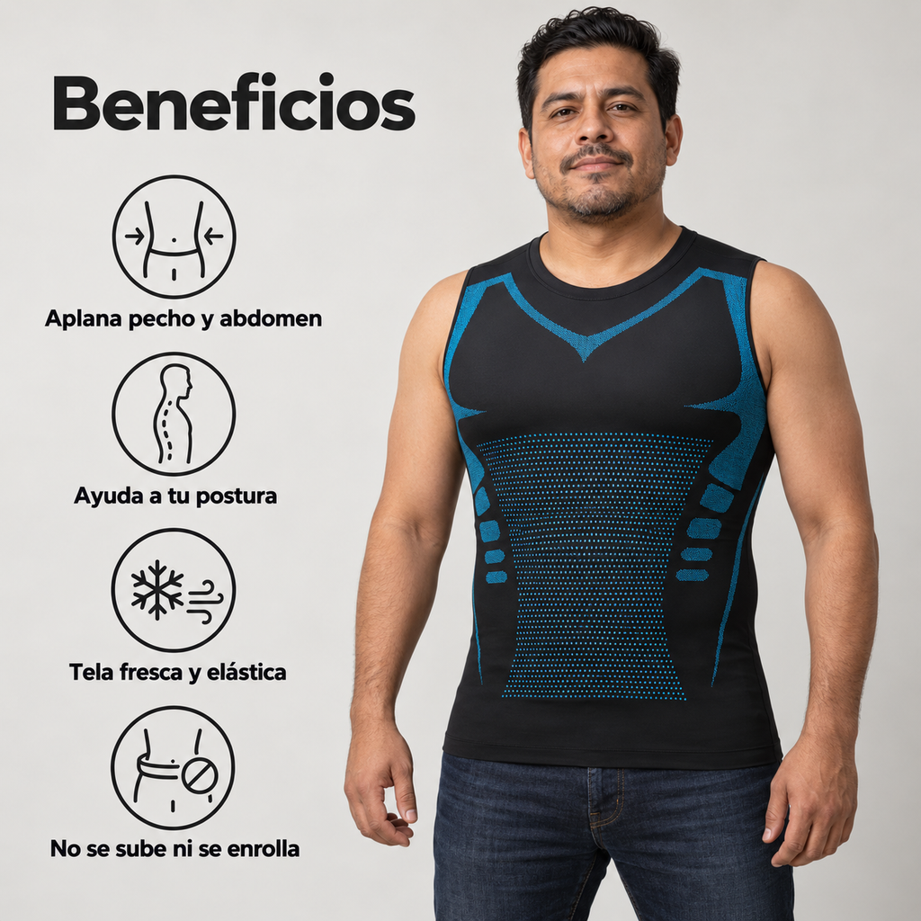 Hombre con playera de compresión negra y sus beneficios