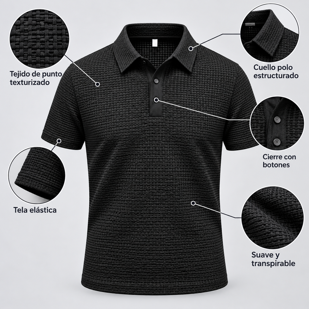 Diagrama de la playera polo negra de punto texturizado con sus detalles