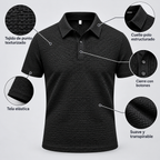Diagrama de la playera polo negra de punto texturizado con sus detalles