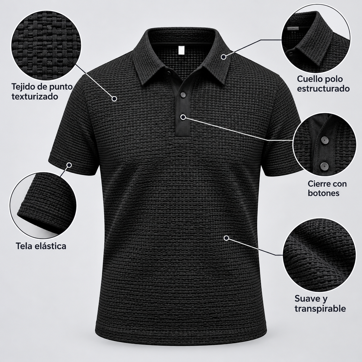 Diagrama de la playera polo negra de punto texturizado con sus detalles