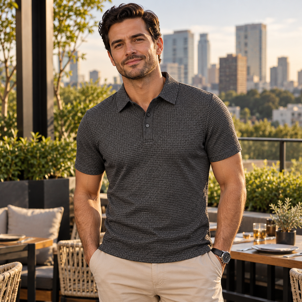 Hombre con playera polo gris en una terraza de Polanco