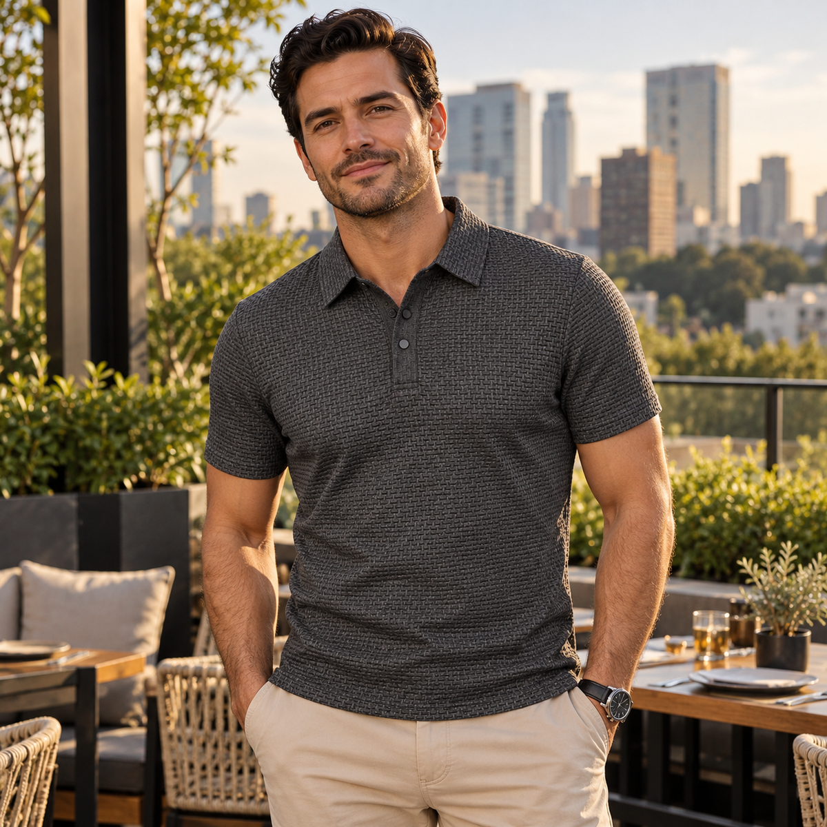 Hombre con playera polo gris en una terraza de Polanco