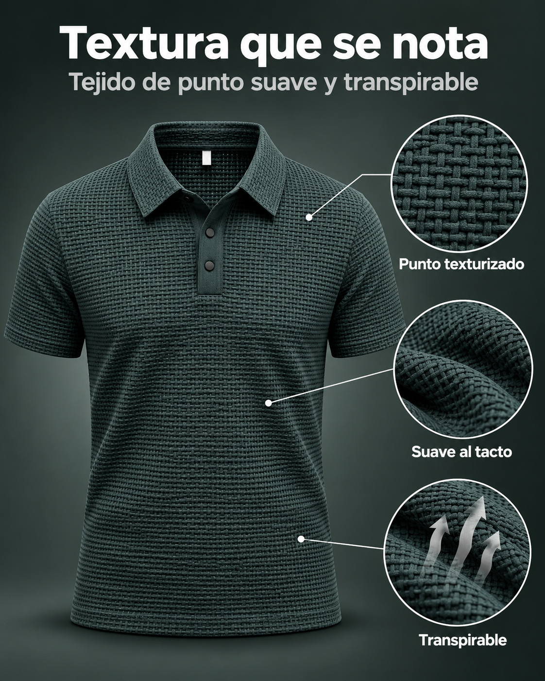 Infográfico de la textura de la playera polo verde oscuro