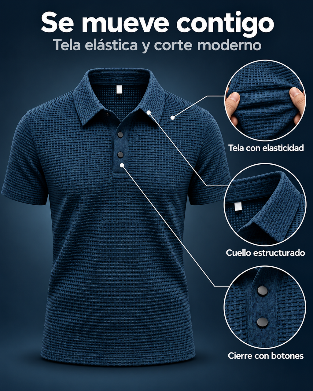 Infográfico de la elasticidad de la playera polo azul