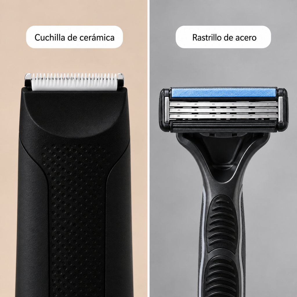 Cabezal de cerámica de la recortadora junto a un rastrillo de acero
