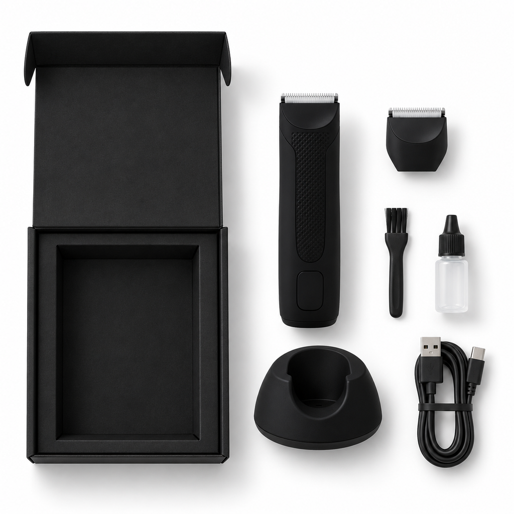 Recortadora con base de carga, cable USB, cabezal de repuesto, cepillo y frasco para aceite
