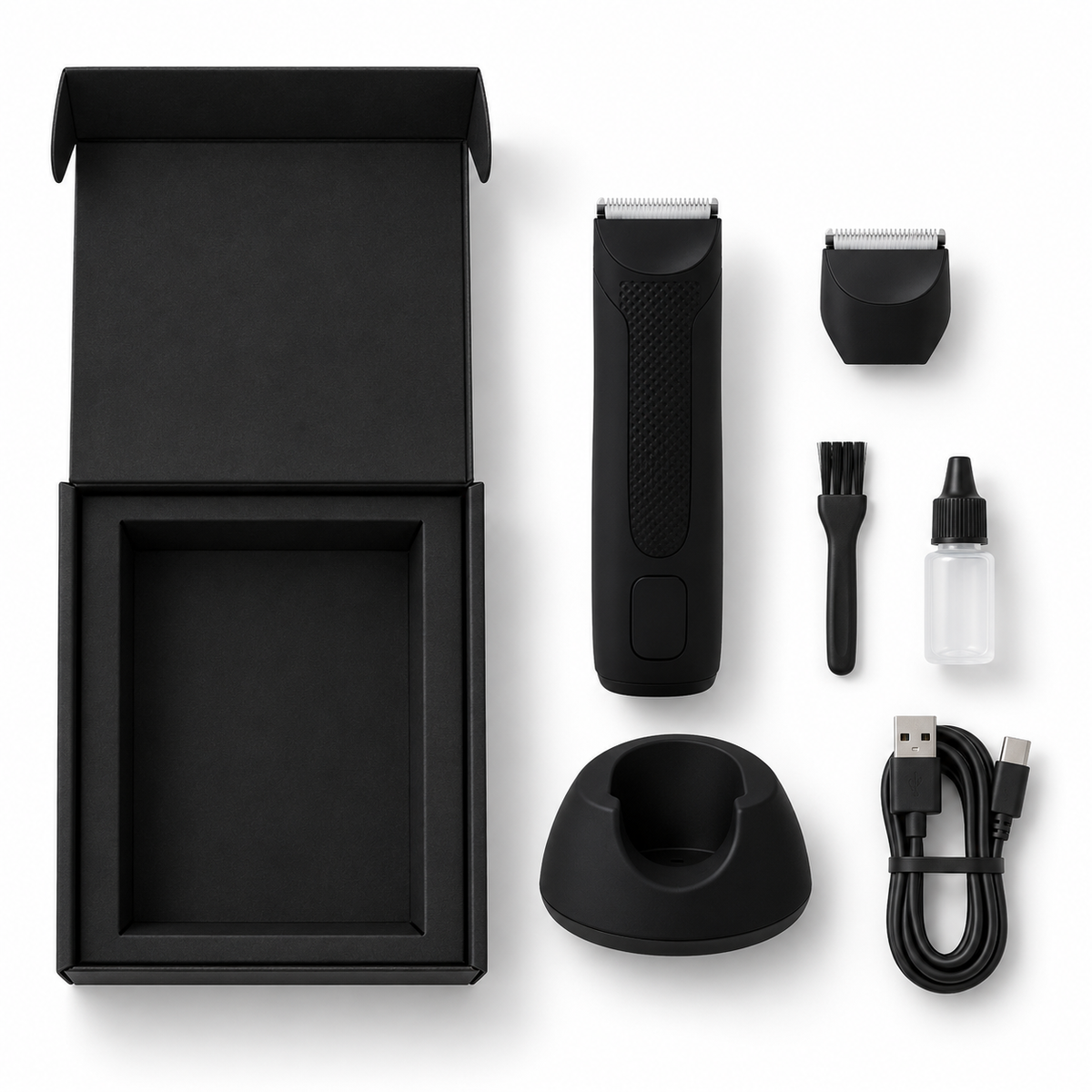Recortadora con base de carga, cable USB, cabezal de repuesto, cepillo y frasco para aceite
