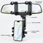 Soporte de celular para retrovisor: gira 360°, brazo extensible y 4 garras