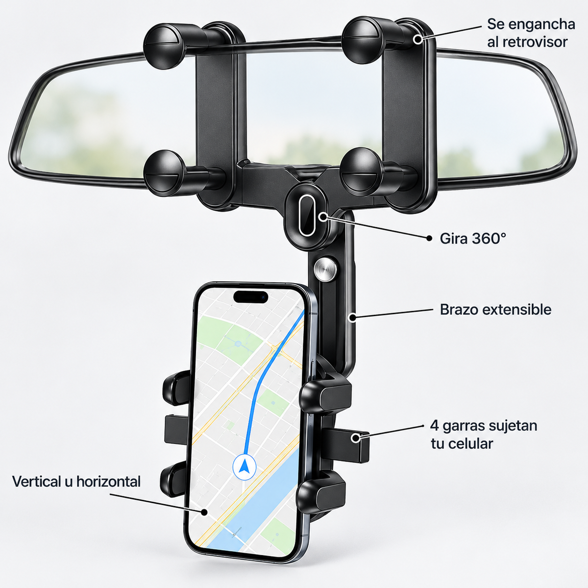 Soporte de celular para retrovisor: gira 360°, brazo extensible y 4 garras
