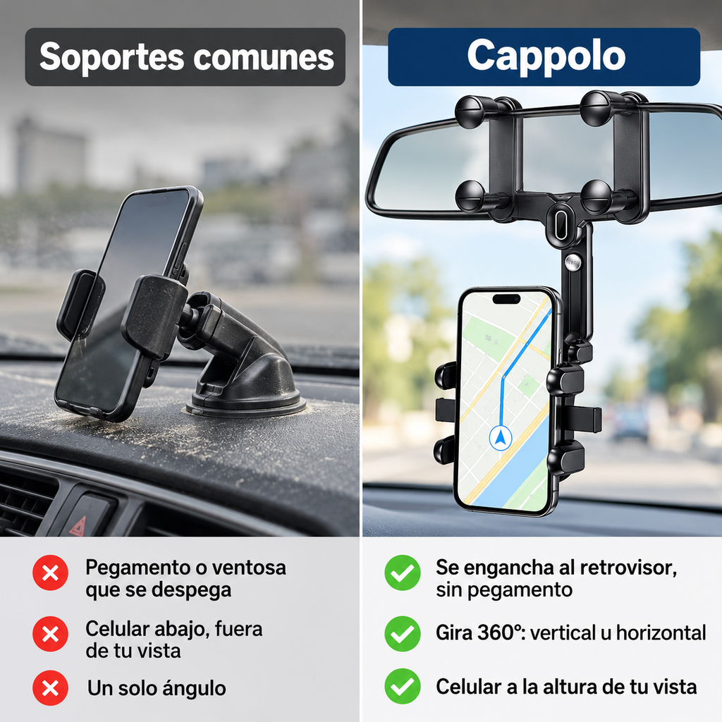Comparación entre soporte de ventosa común y soporte para retrovisor Cappolo