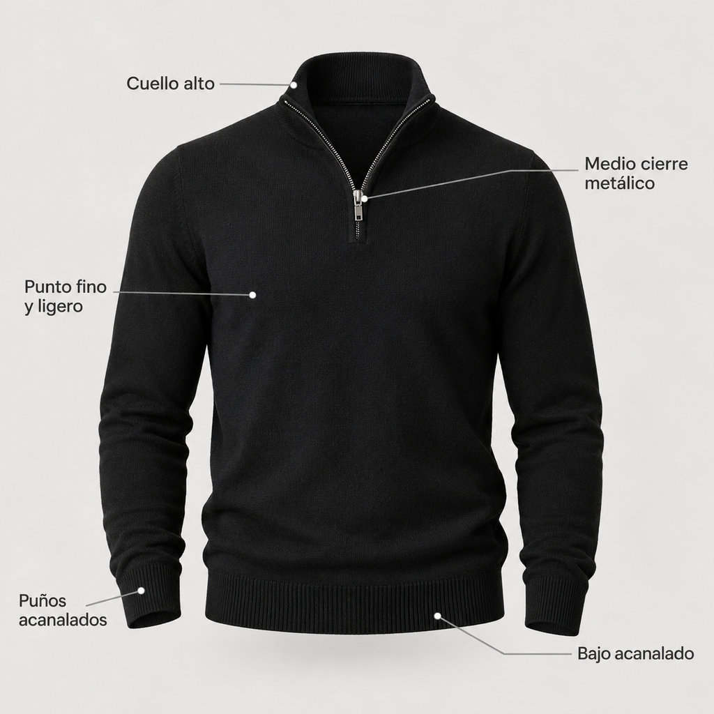 Suéter negro de cuello alto con medio cierre metálico, punto fino, puños y bajo acanalados