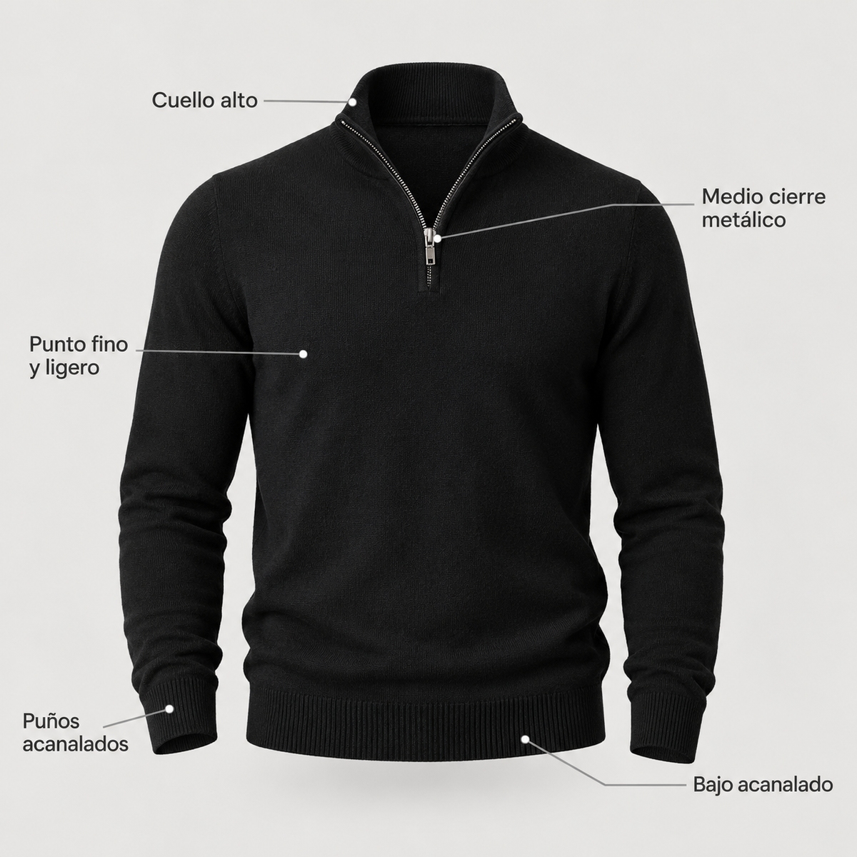 Suéter negro de cuello alto con medio cierre metálico, punto fino, puños y bajo acanalados