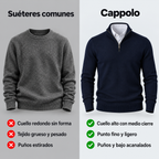 Comparación entre un suéter común y el suéter Cappolo de cuello alto con medio cierre