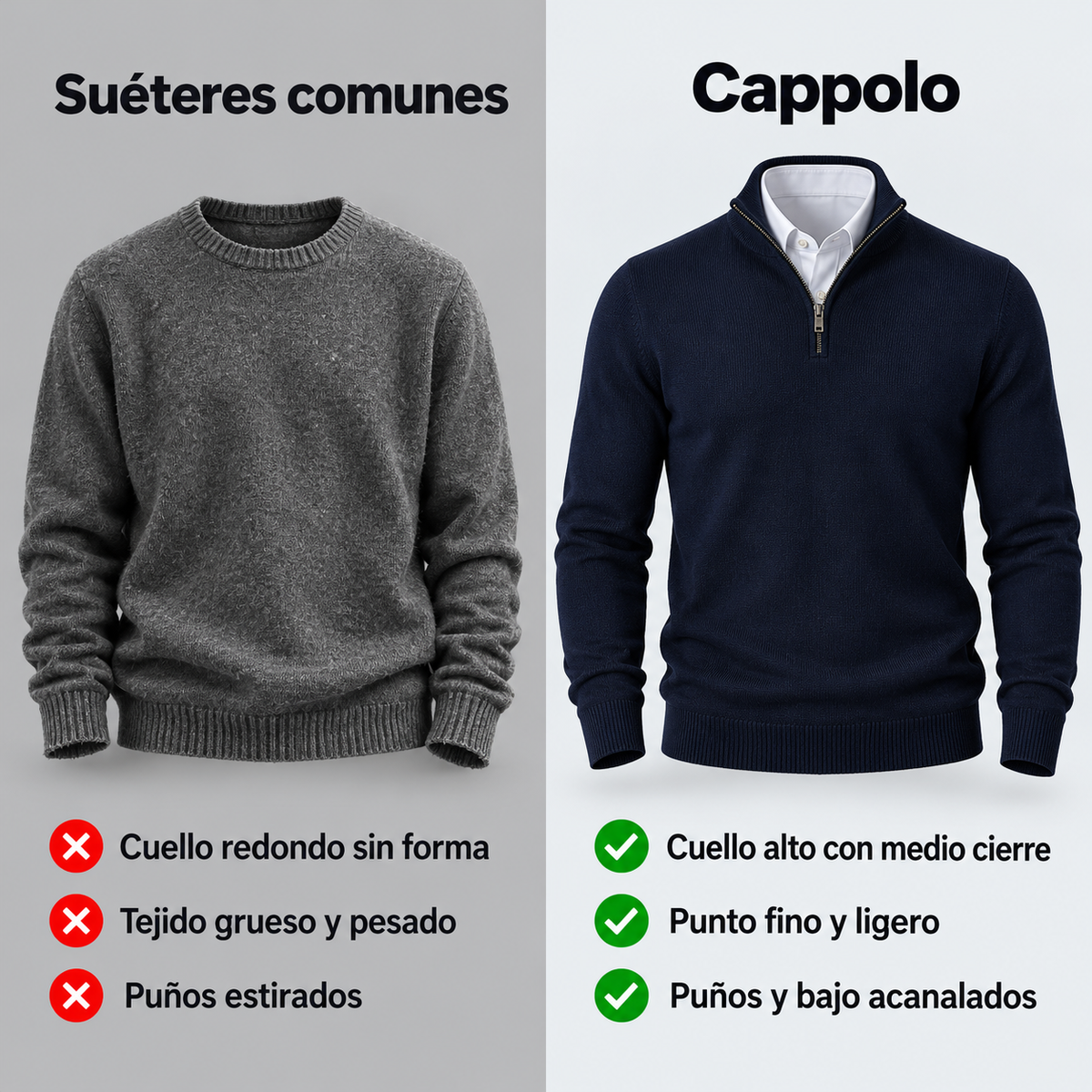 Comparación entre un suéter común y el suéter Cappolo de cuello alto con medio cierre