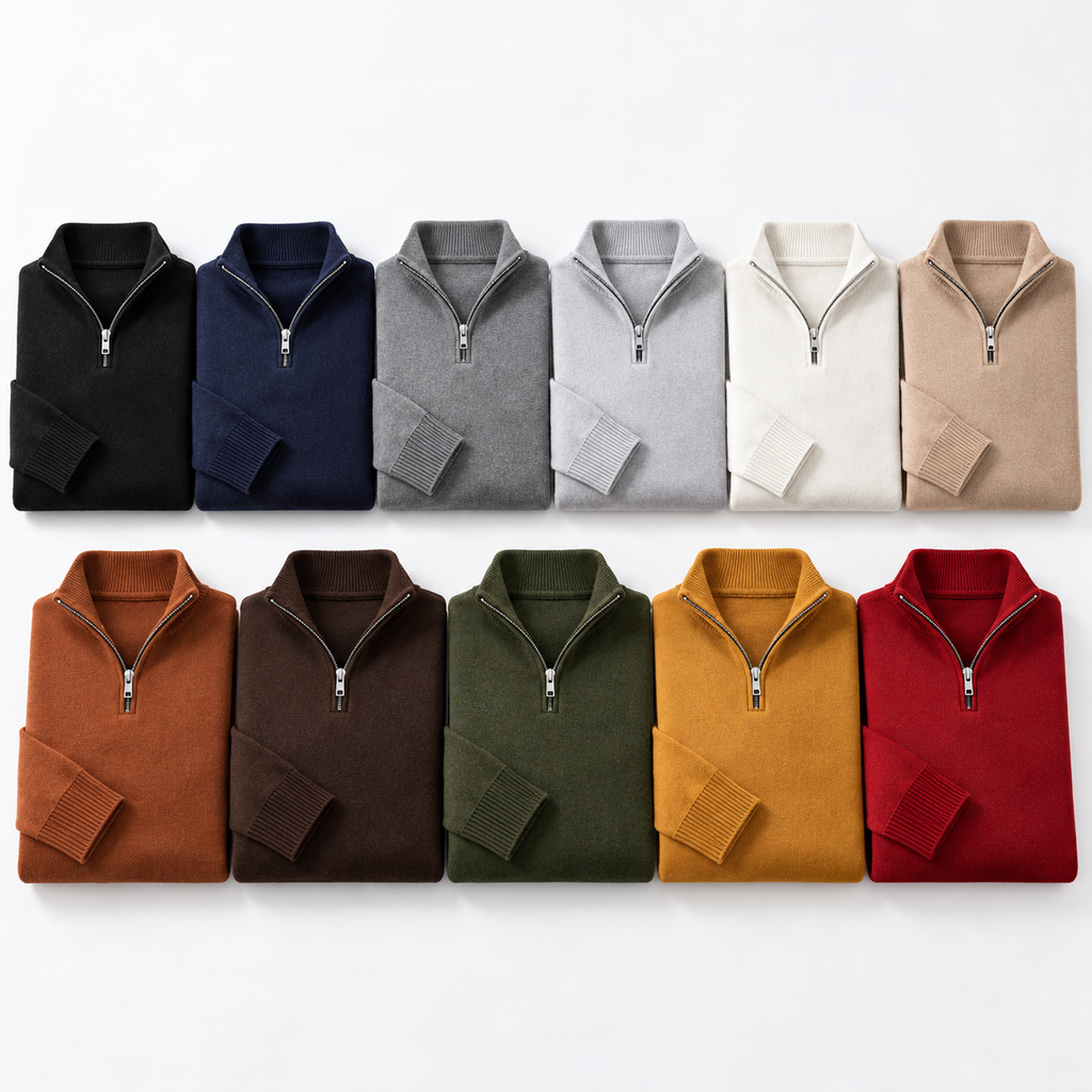 Los 11 colores del suéter de cuello alto con medio cierre, doblados
