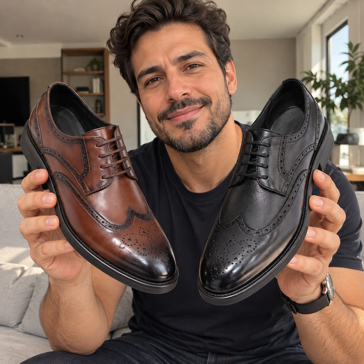 Hombre en casa sosteniendo un zapato brogue marrón y uno negro