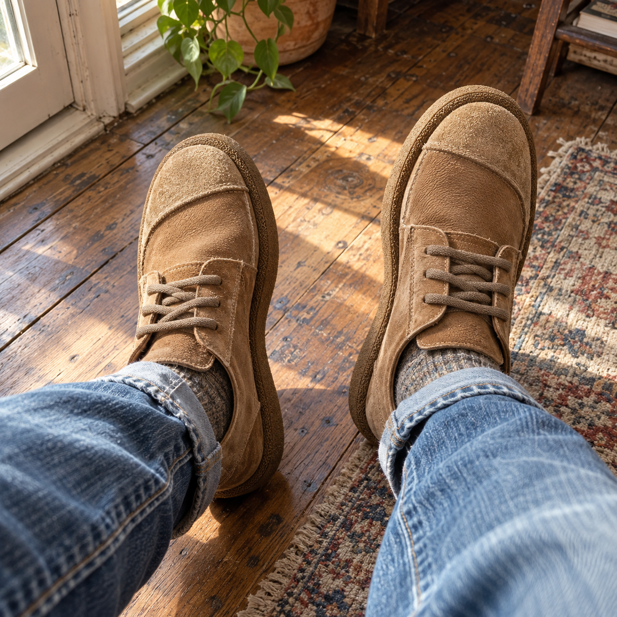 Hombre con jeans y zapatos caqui sentado junto a la ventana