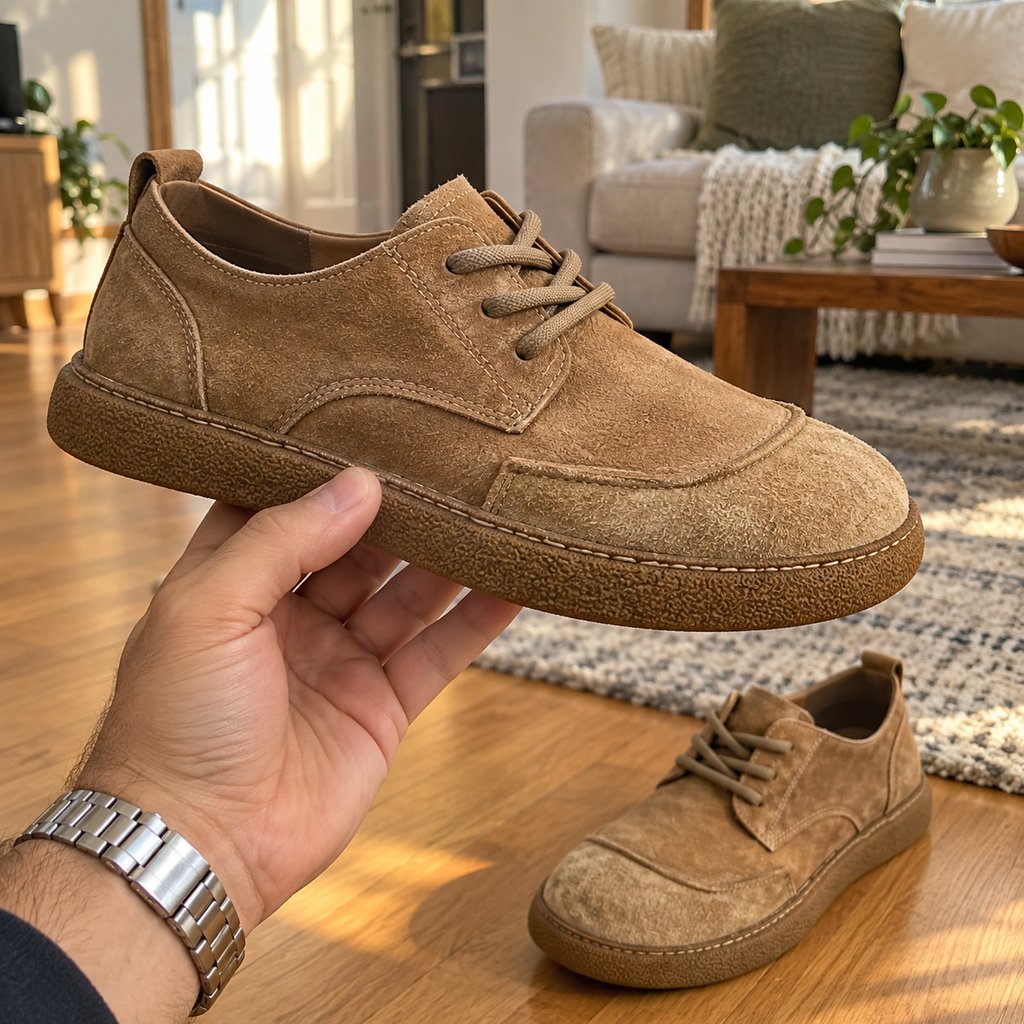 Mano sosteniendo un zapato caqui de perfil