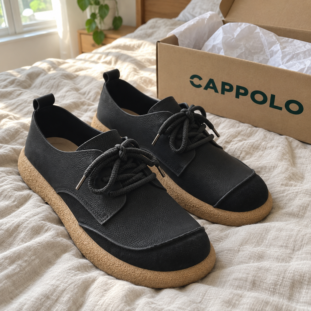 Zapatos negros sobre la cama junto a la caja Cappolo