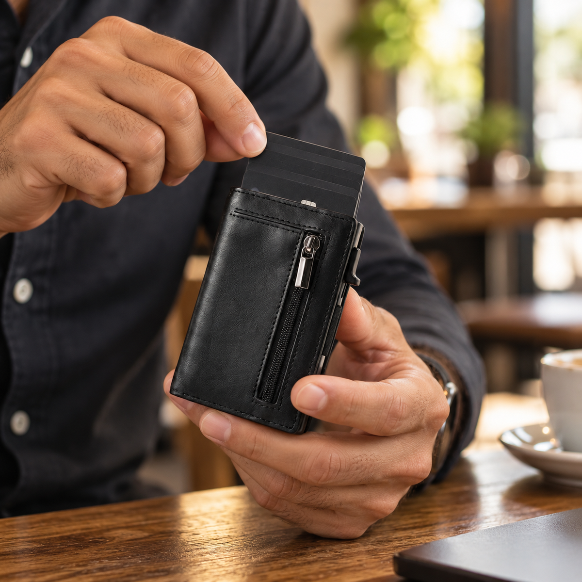 Hombre sacando una tarjeta de la cartera slim en un café