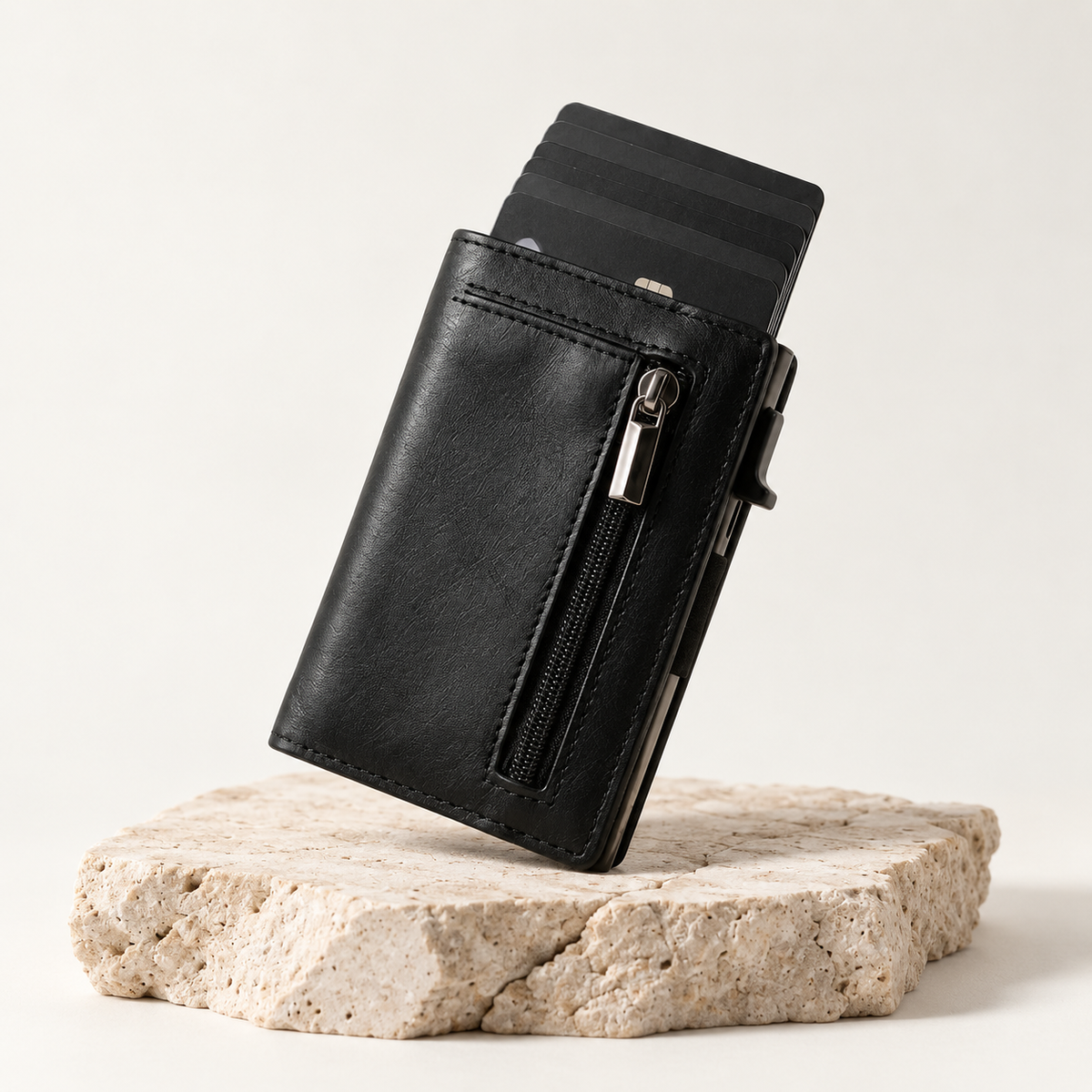 Cartera slim negra de cuero y aluminio con tarjetas escalonadas