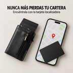 Cartera slim con tarjeta localizadora junto a un celular con mapa