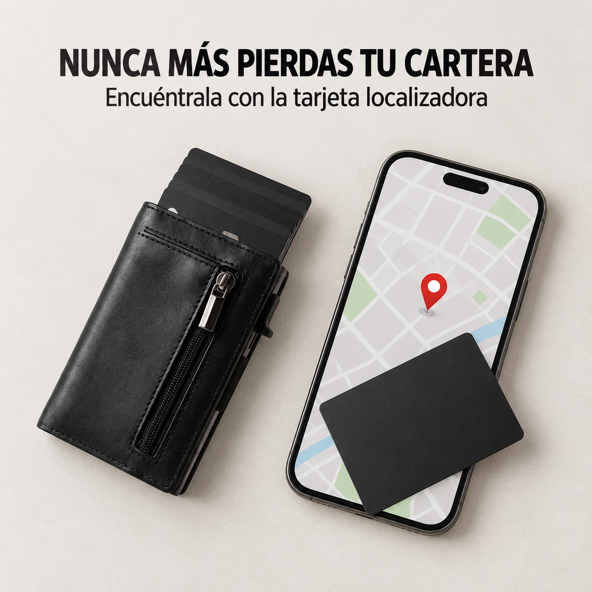 Cartera slim con tarjeta localizadora junto a un celular con mapa
