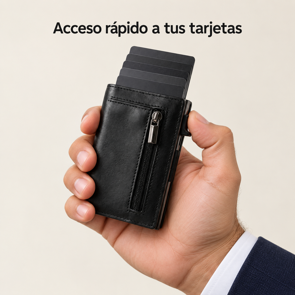 Mano sosteniendo la cartera slim con acceso rápido a las tarjetas