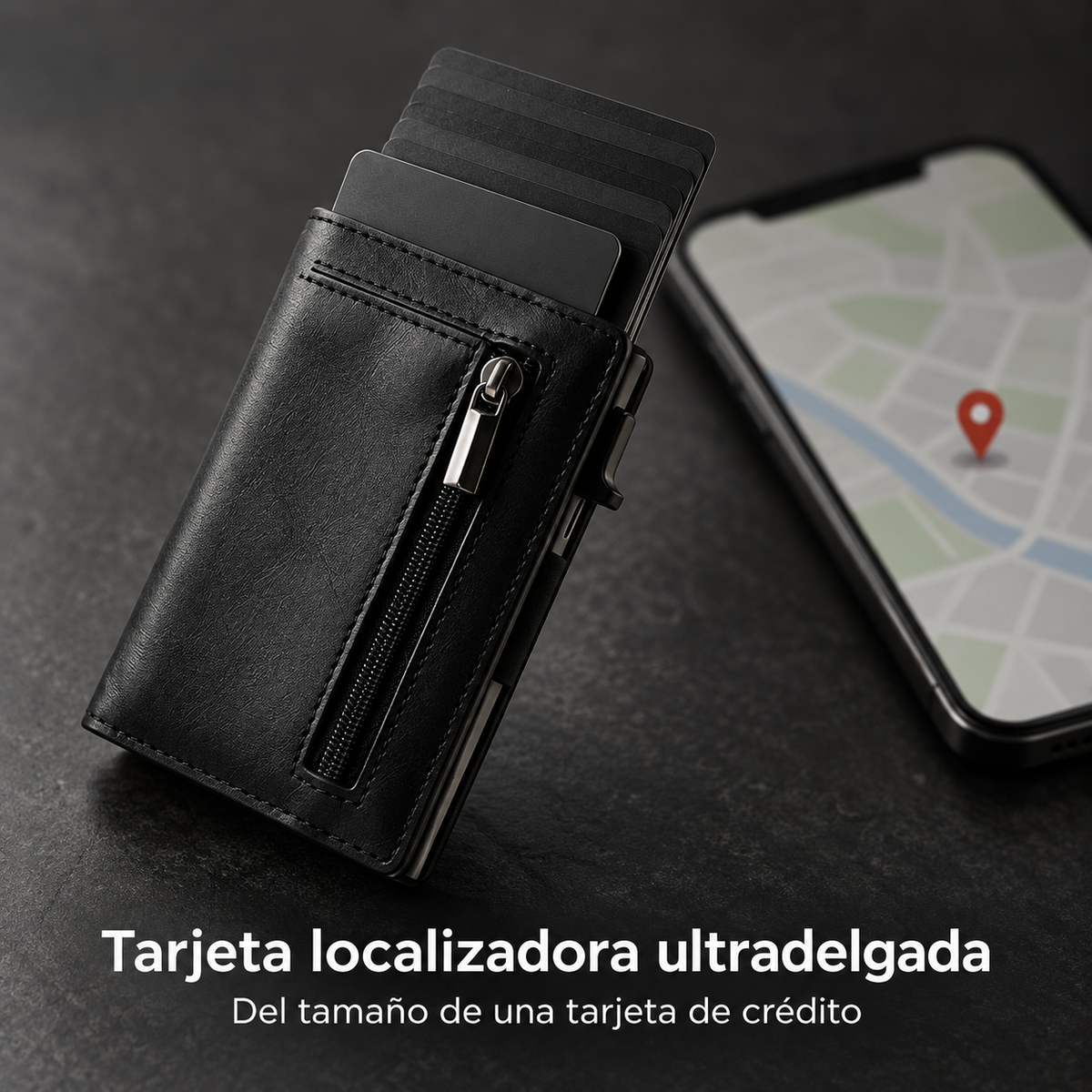 Tarjeta localizadora ultradelgada dentro de la cartera slim