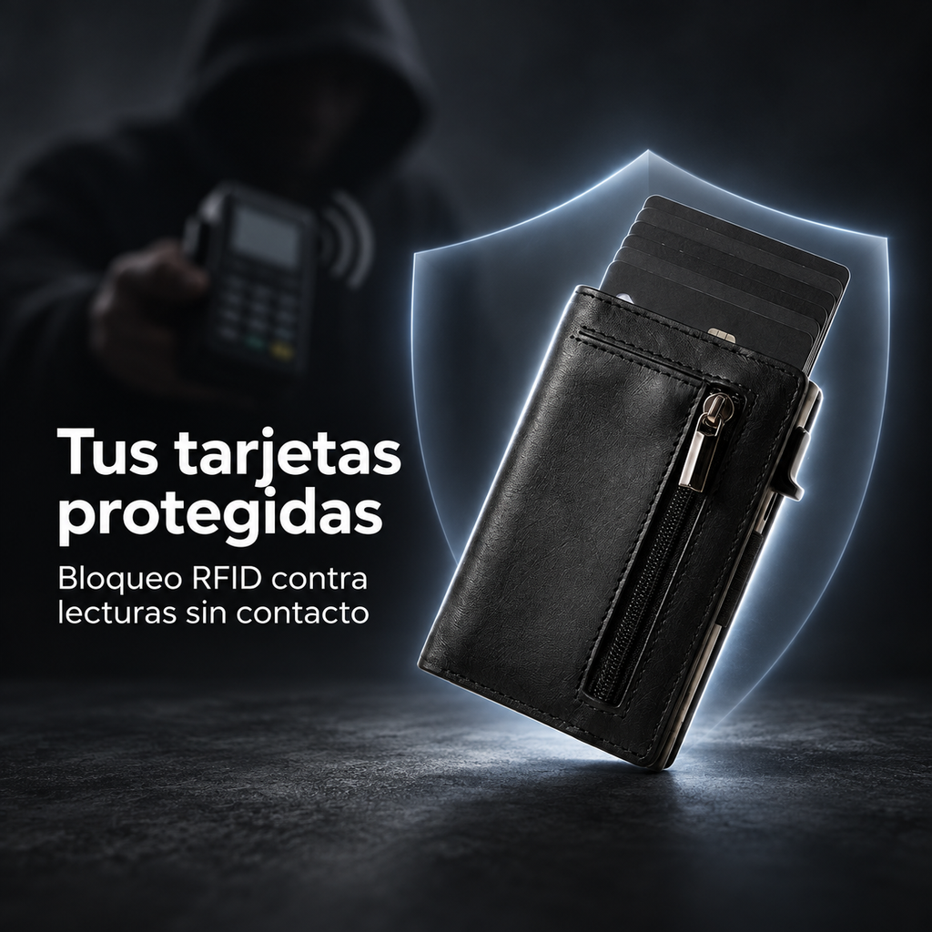 Cartera slim con bloqueo RFID que protege las tarjetas