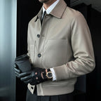 Chamarra de Piel Sintética para Hombre con Cuello Camisero en color gris
