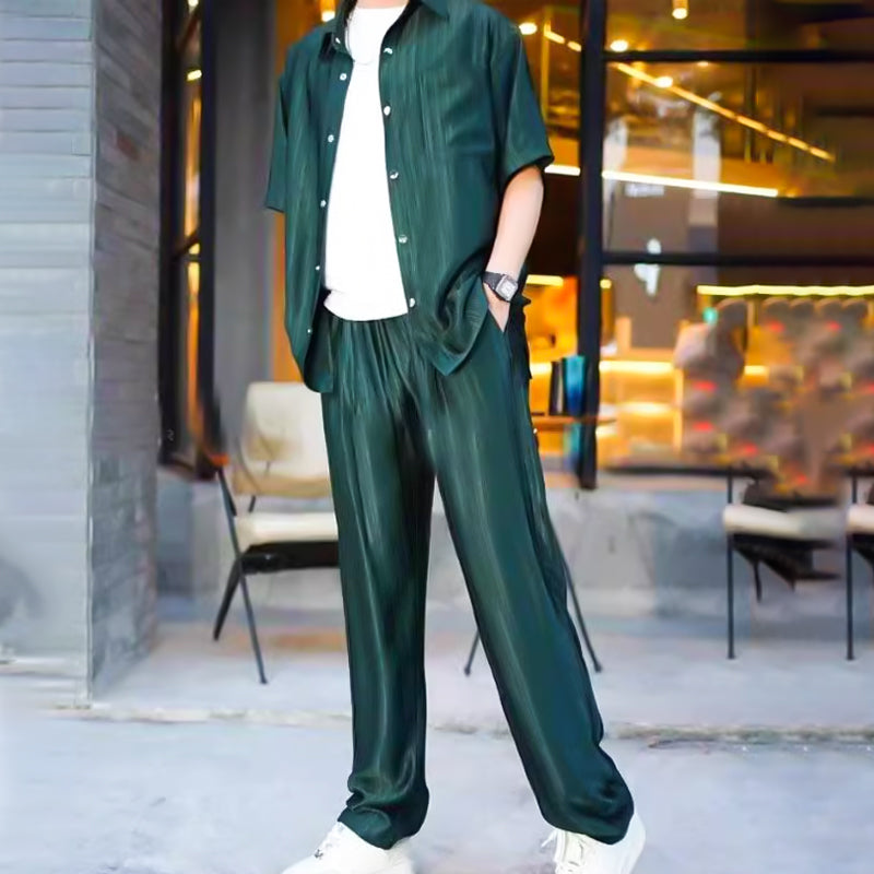 Conjunto de Camisa y Pantalón para Hombre Satinado a Rayas en color verde