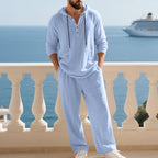 Conjunto de Lino Holgado para Hombre con Capucha en color azul claro