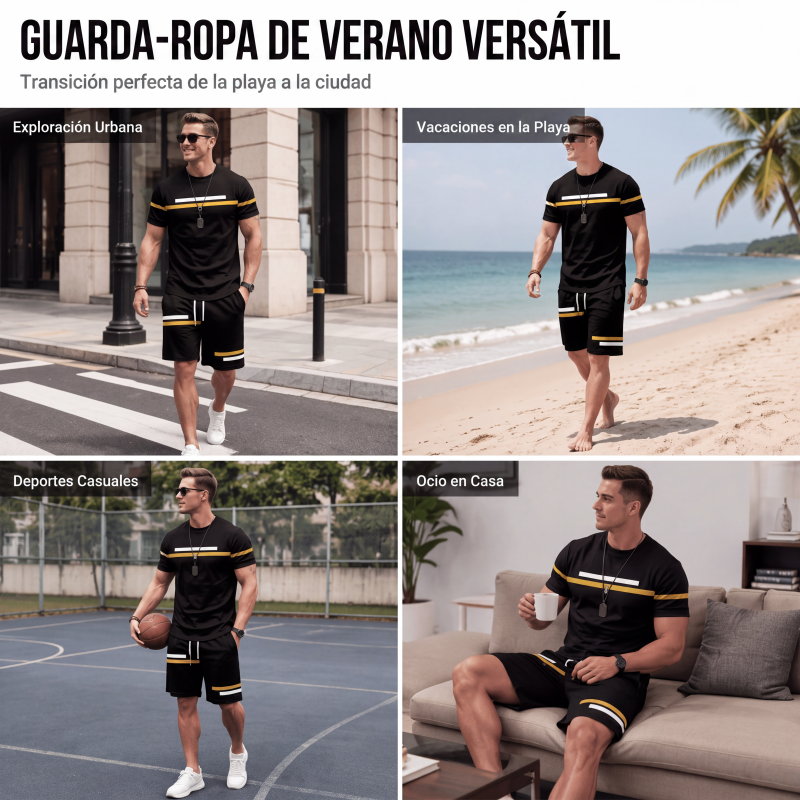 Conjunto de Playera y Short Negro para Hombre con Rayas Deportivas - vista 5