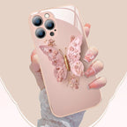 Funda de vidrio mariposa 3D rosa detalle