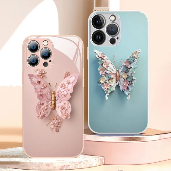 Funda de vidrio mariposa 3D rosa y azul