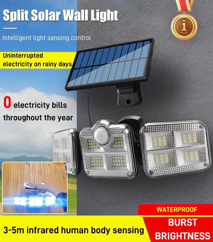 Lámpara Solar LED de 3 Cabezas con Sensor de Movimiento