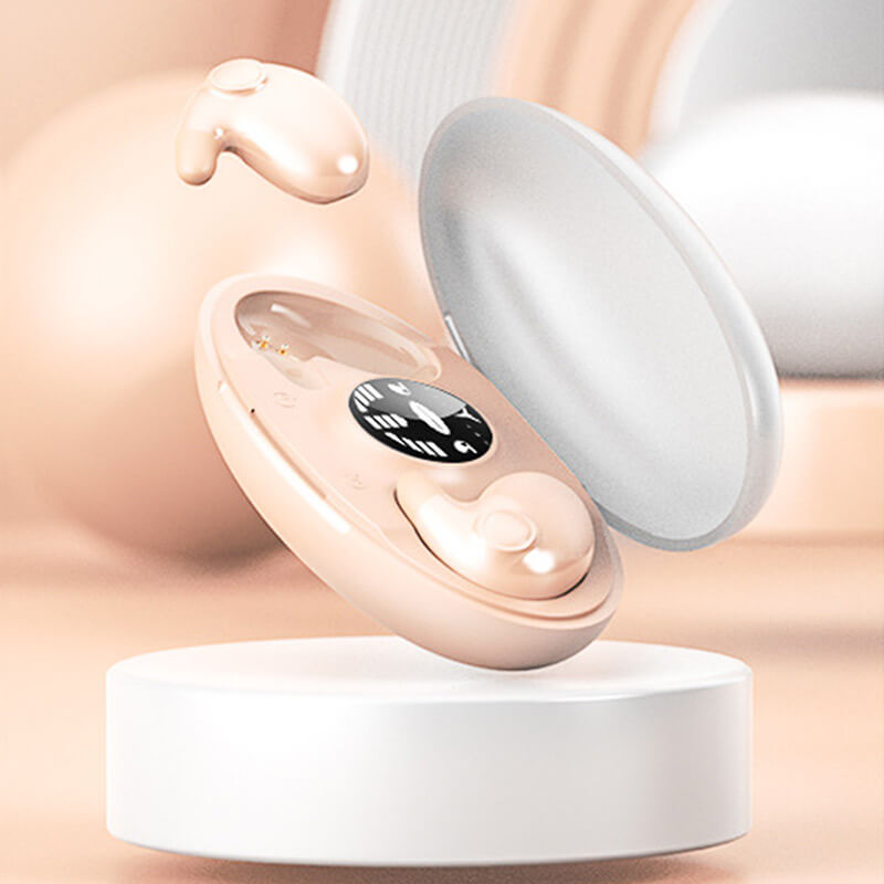 Mini audífonos inalámbricos beige con estuche