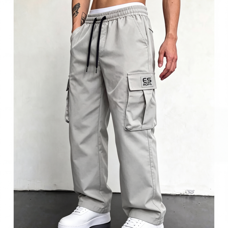 Pantalón Cargo Holgado para Hombre con Cordón en color gris claro