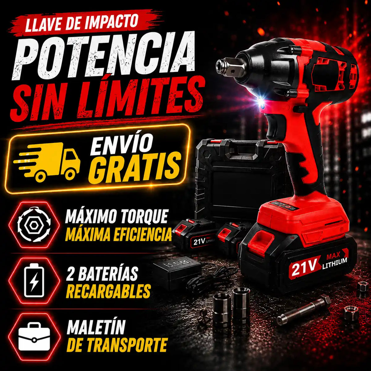 Llave de Impacto Inalámbrica 1/2" 21V con 2 Baterías y Maletín
