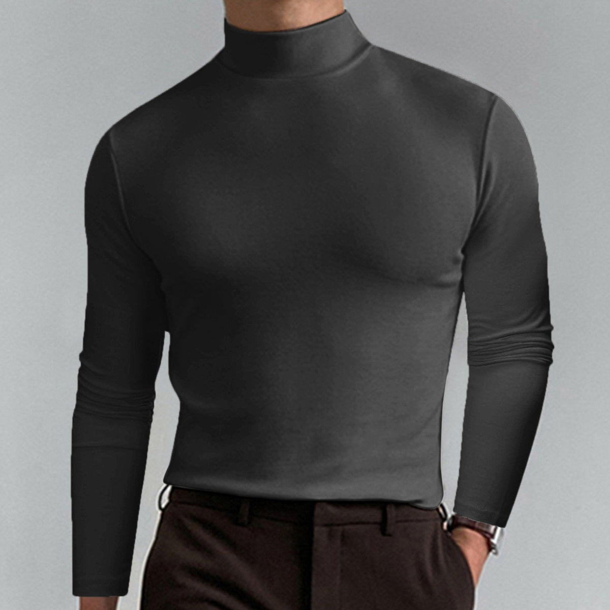 Playera Cuello Alto Slim Fit para Hombre Manga Larga en color gris