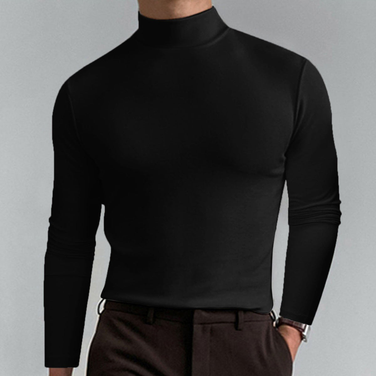 Playera Cuello Alto Slim Fit para Hombre Manga Larga en color negro