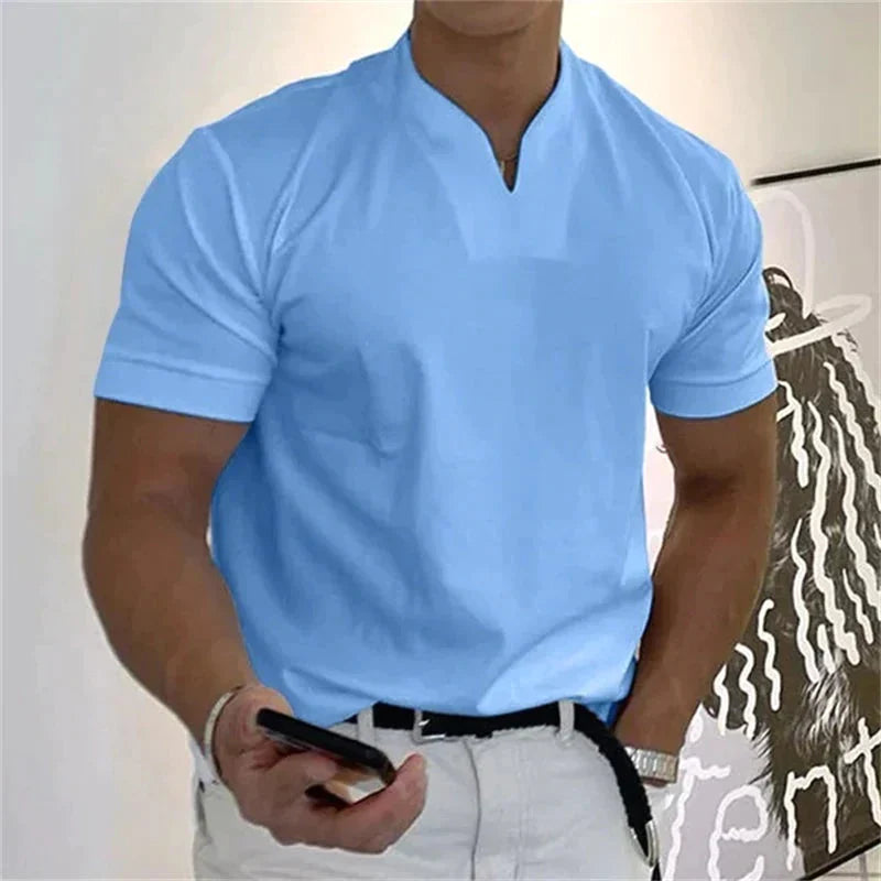 Playera Cuello V Holgada para Hombre Manga Corta en color azul