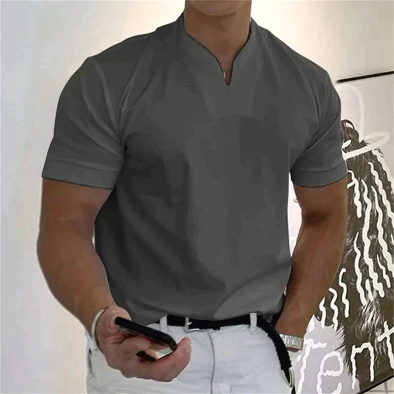 Playera Cuello V Holgada para Hombre Manga Corta en color gris