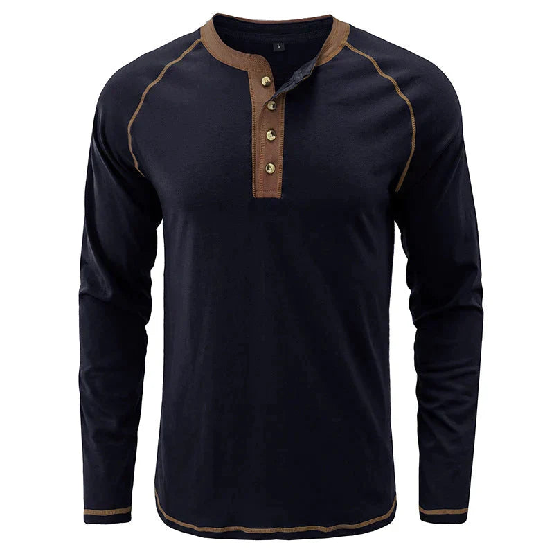 Playera Henley Manga Larga para Hombre de Algodón en color azul real
