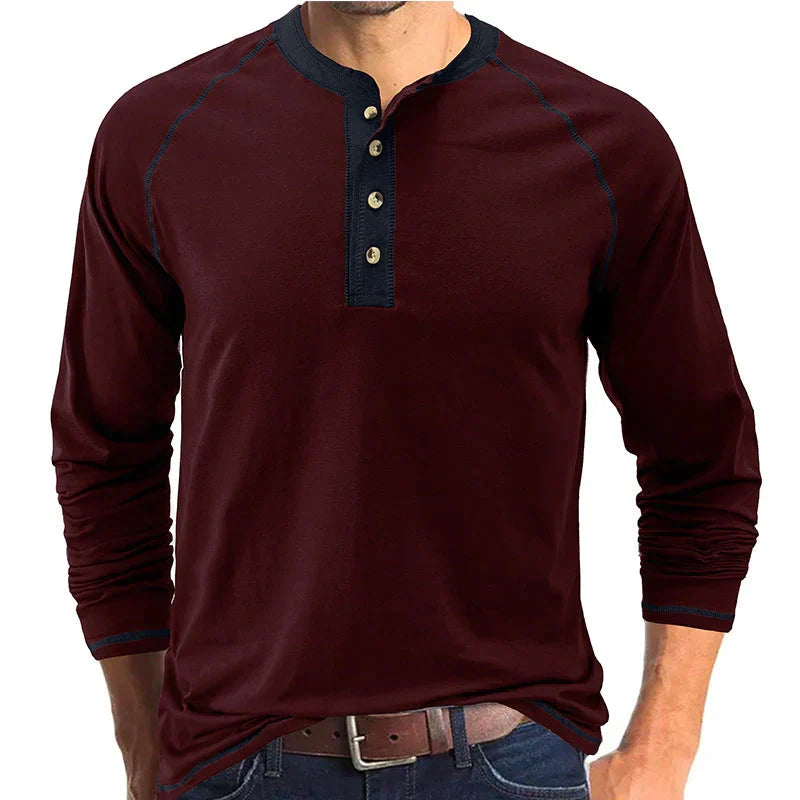 Playera Henley Manga Larga para Hombre de Algodón en color burdeos