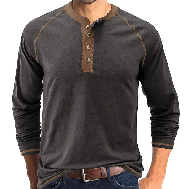Playera Henley Manga Larga para Hombre de Algodón en color gris oscuro